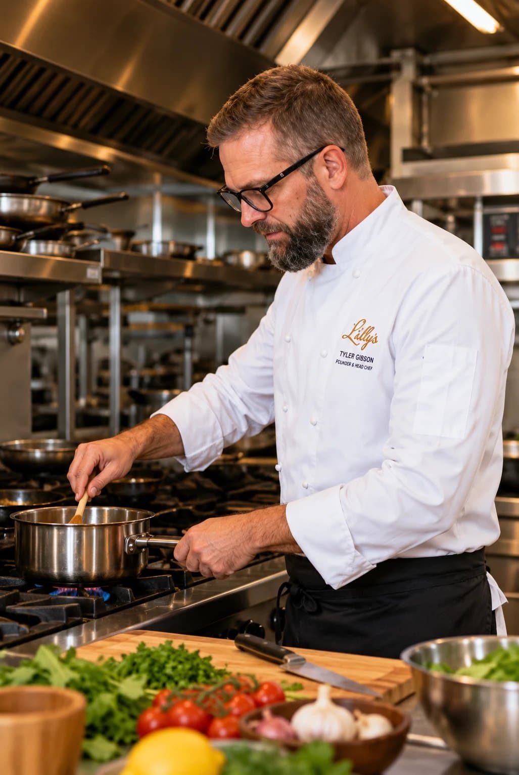 Tyler Gibson stirring a pot at the stove in the Lillys kitchen