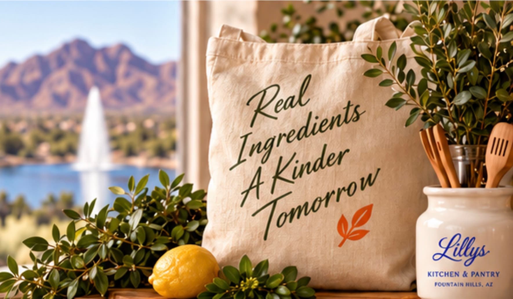 A Lillys tote bag reading Real Ingredients, A Kinder Tomorrow, with the Fountain Hills fountain behind