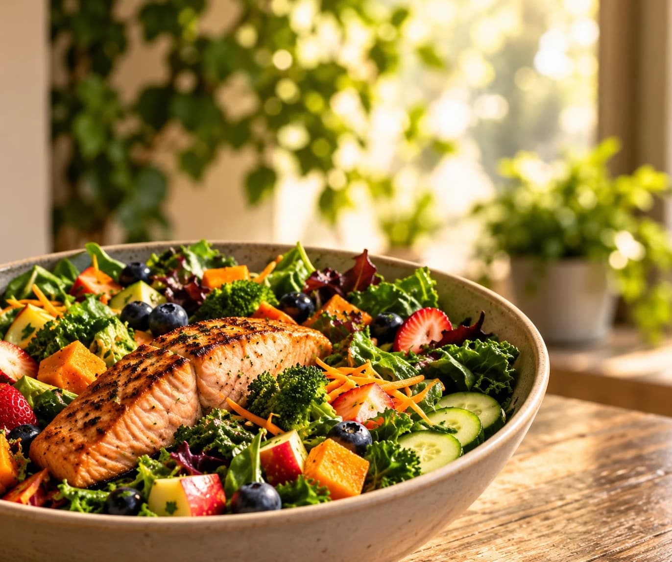 A bowl of grilled salmon over kale, berries, sweet potato and fresh vegetables