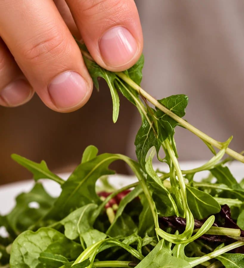 Fresh salad greens being lifted from a bowl