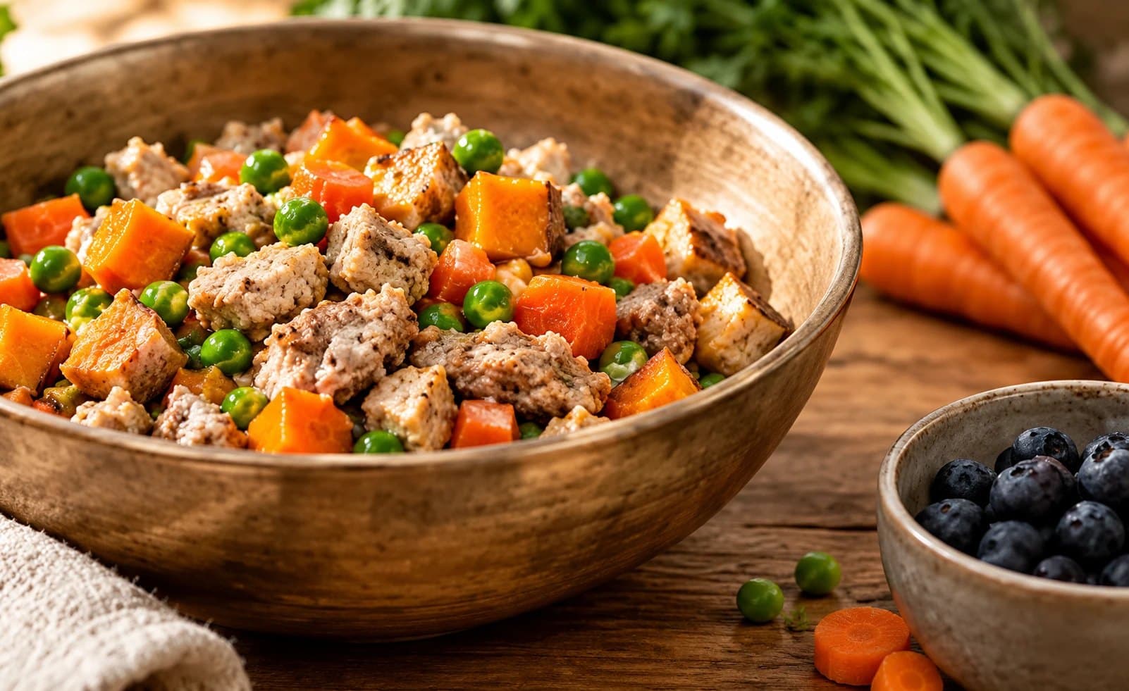 A bowl of fresh-cooked dog food with meat, sweet potato, carrots and peas, beside fresh carrots and blueberries