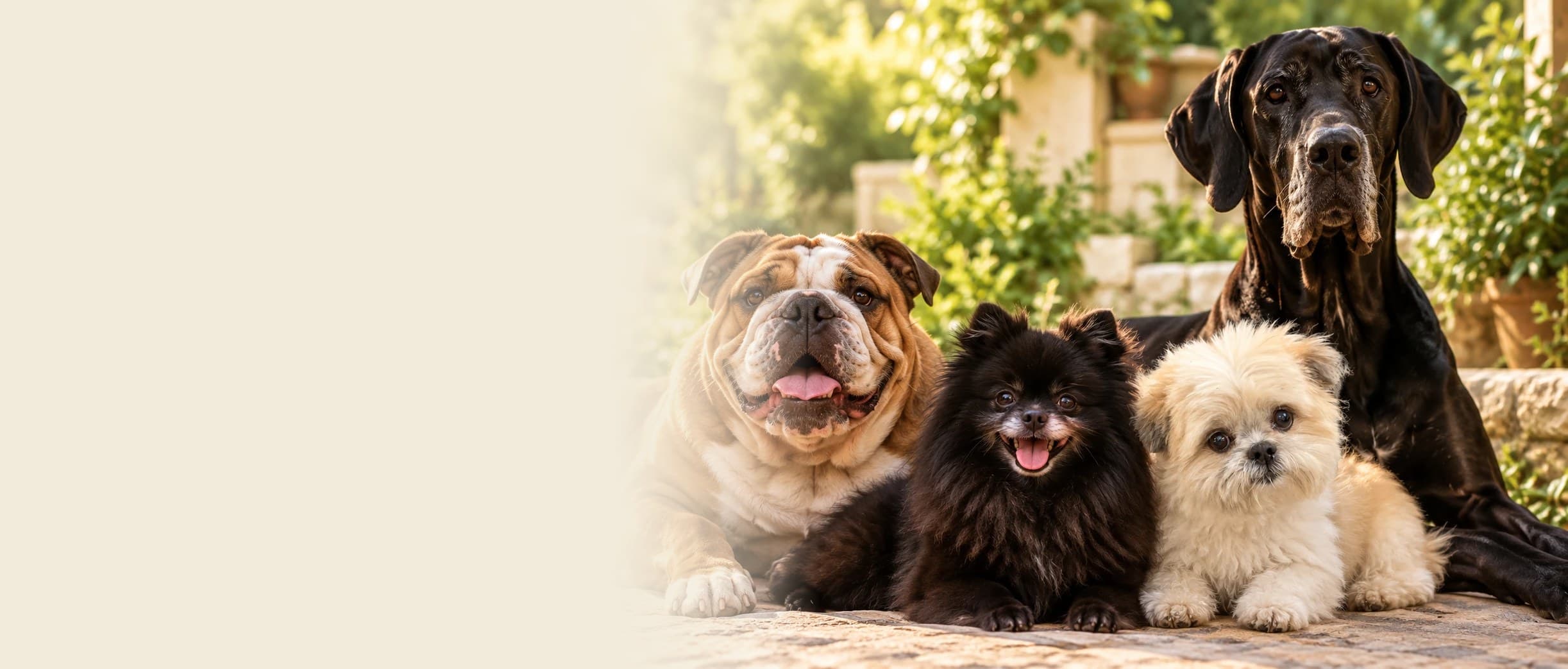 A bulldog, a black Pomeranian, a fluffy cream puppy and a Great Dane resting together in a sunny garden