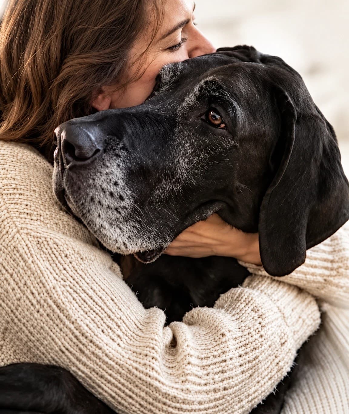 A woman hugging a grey-muzzled black dog