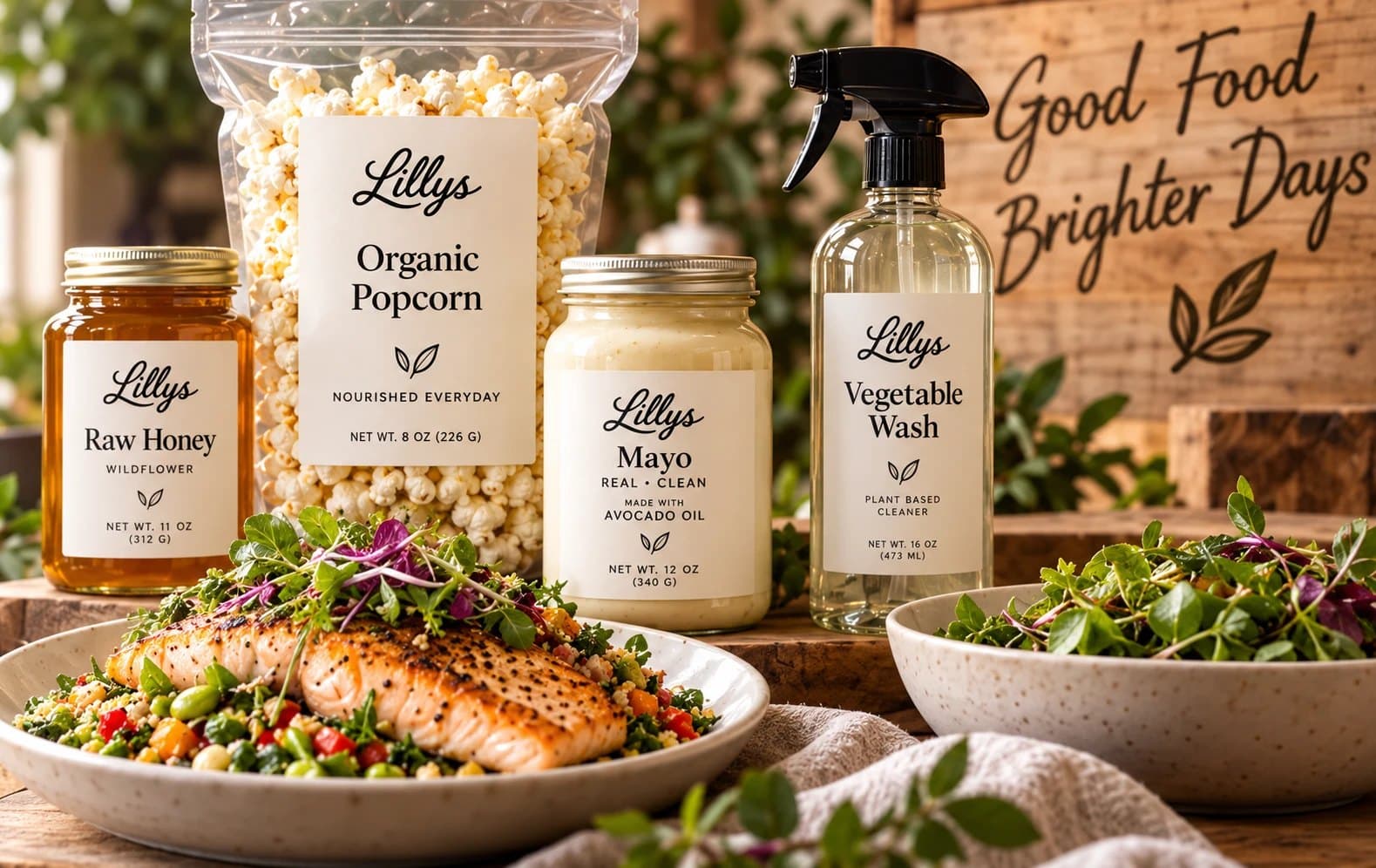 Lillys organic popcorn, raw honey, mayo and vegetable wash beside a plate of salmon and a bowl of greens