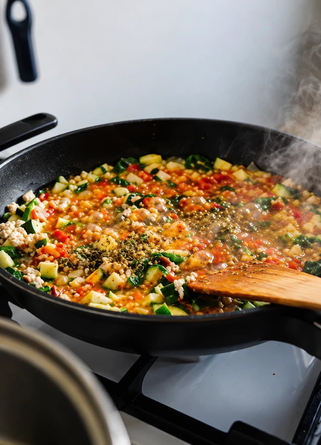 Zucchini, tomatoes, greens and grains simmering with herbs in a pan, with steam rising