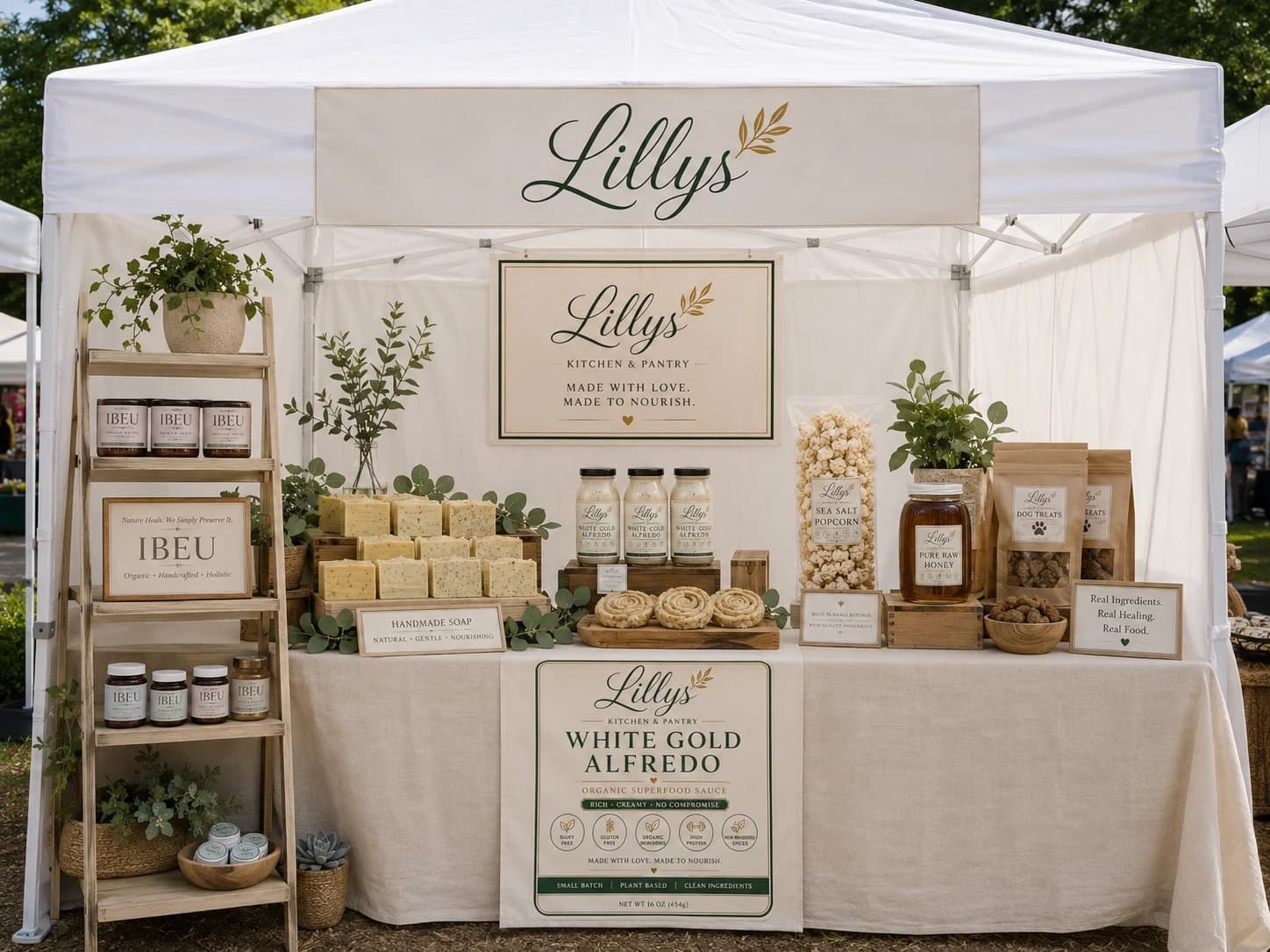 The Lillys booth at the farmers market, with White Gold Alfredo, handmade soap, sea salt popcorn, raw honey and dog treats