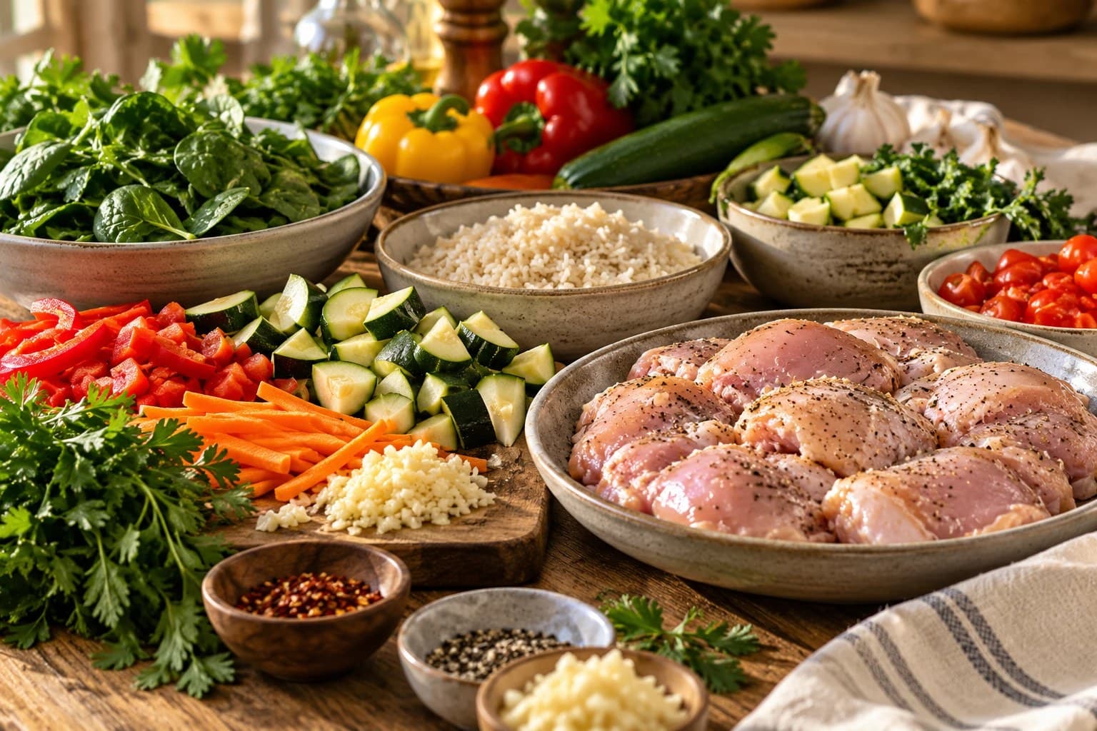 Fresh ingredients laid out on a wooden table: seasoned chicken thighs, rice, spinach, peppers, zucchini, carrots, garlic and herbs