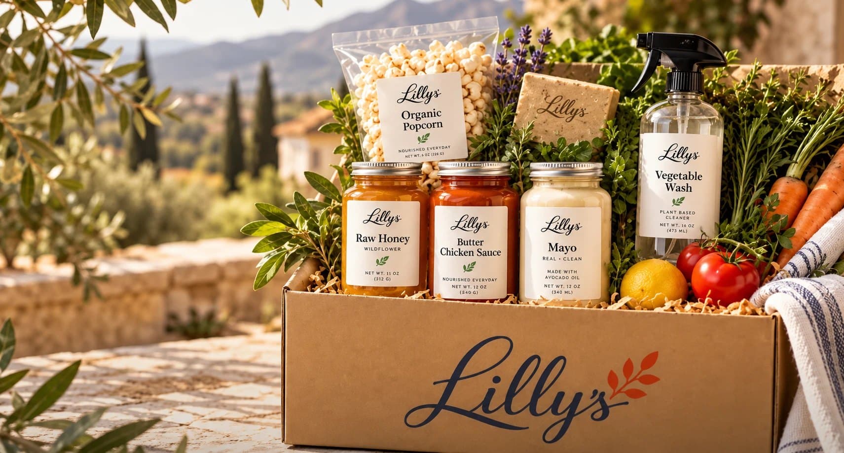 A Lilly's box filled with organic popcorn, raw honey, Butter Chicken Sauce, mayo, soap and vegetable wash