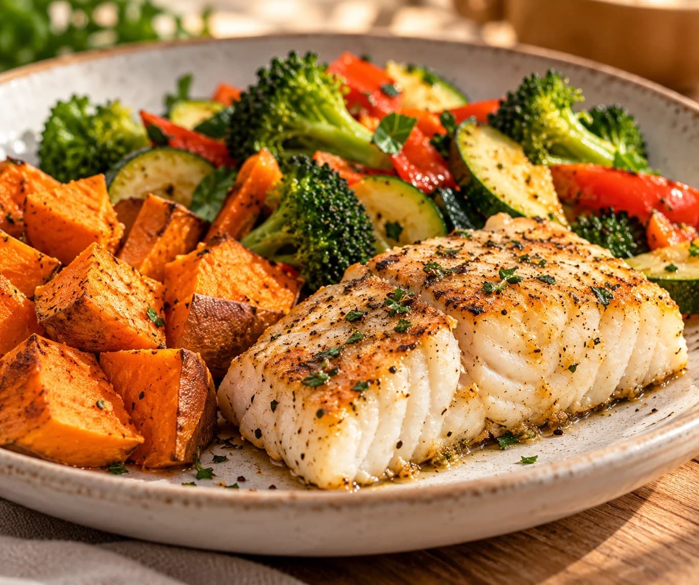 Roasted white fish with sweet potatoes, broccoli, zucchini and peppers on a sunny table