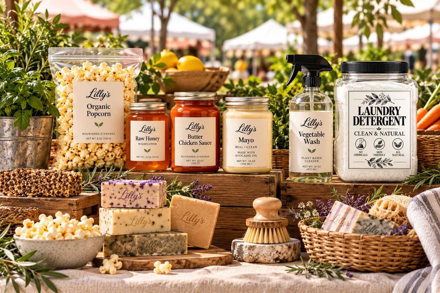 Lillys popcorn, raw honey, Butter Chicken Sauce, mayo, vegetable wash, laundry detergent and handmade soaps on a farmers market table