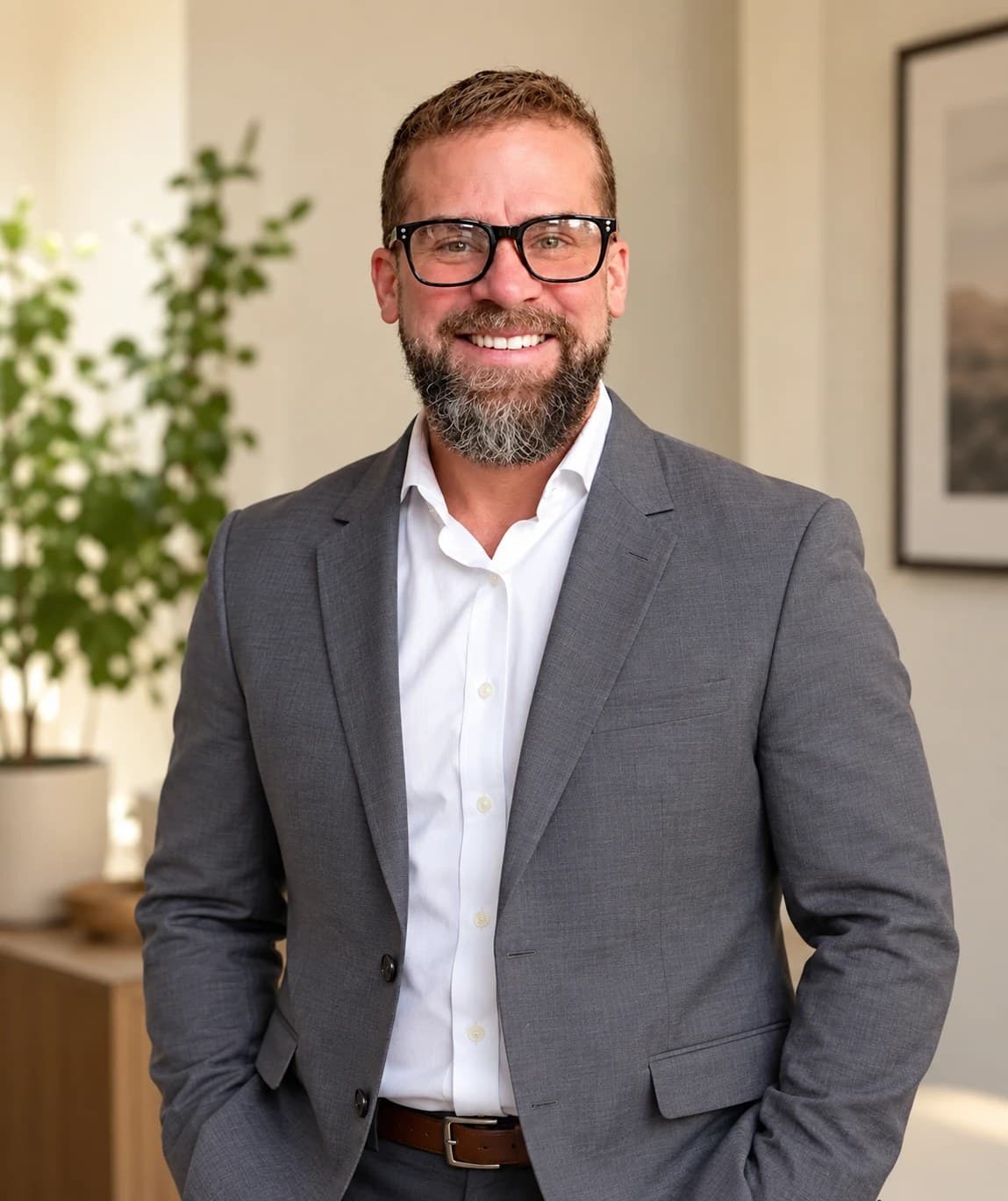 Tyler Gibson, smiling, in a grey blazer