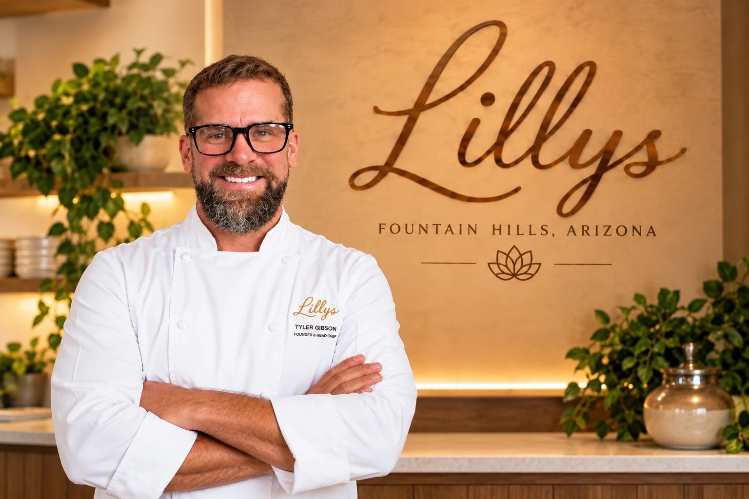 Tyler Gibson, founder and head chef, in chef's whites in front of the Lillys sign